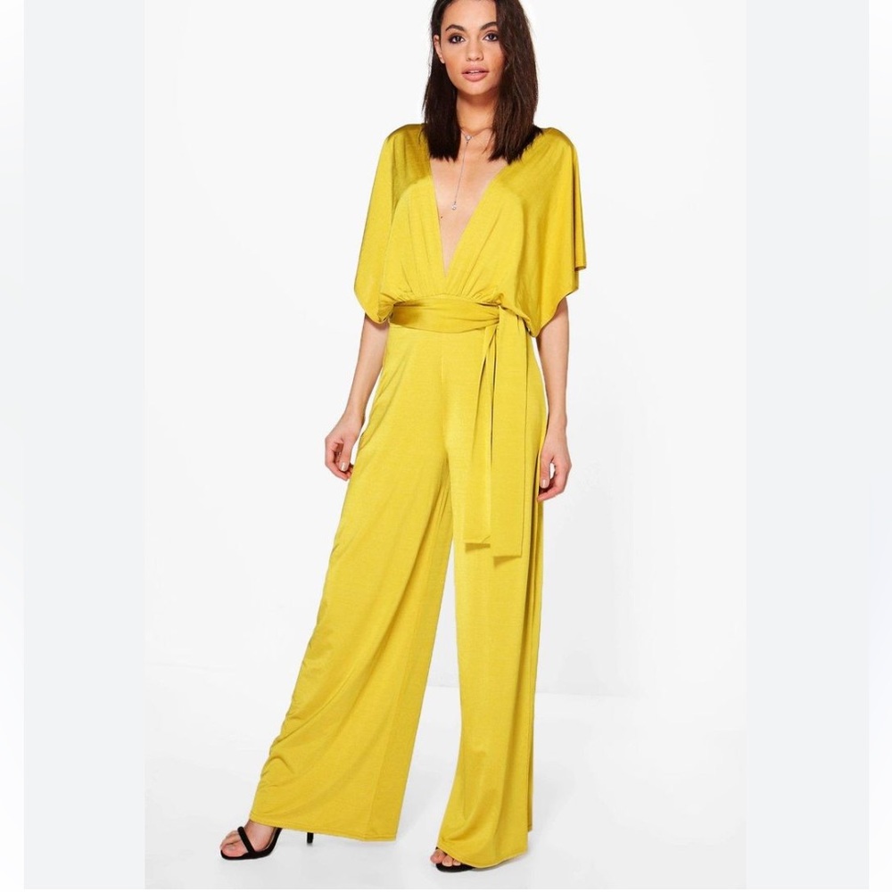 Boohoo Nights Chartreuse Plunge Kimono Style Wide Leg Jumpsuit Sz. 10